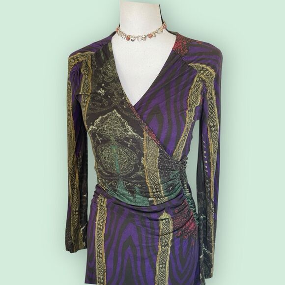Etro Italy Purple Green Multi Paisley Long Sleeve V-Neck Dress sz 42 M US 6 - Picture 3 of 14